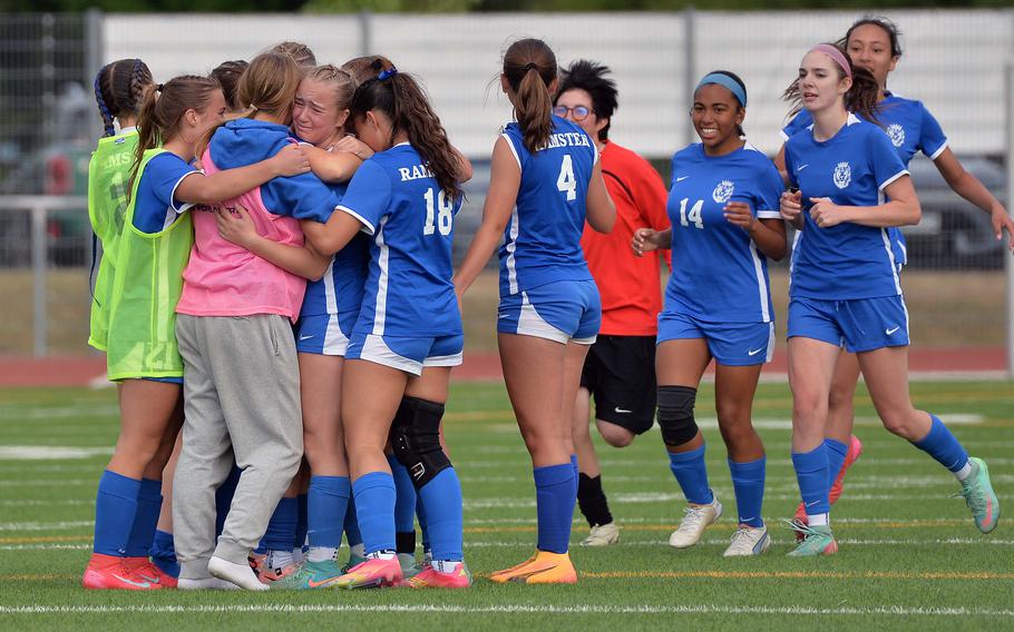 The Ramstein Royals celebrate their 3-1 win over Stuttgart in the Division I girls final at the DODEA-Europe soccer championships in Ramstein, Germany, May 22, 2025.