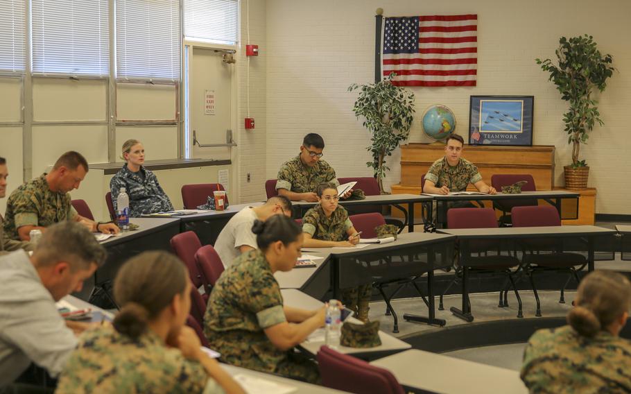 Service members stationed on Marine Corps Base Camp Lejeune participate in a Troops to Teachers seminar on May 16, 2019, at the John A. Lejeune Education Center at Camp Lejeune, N.C. The Virginia Department of Education is allocating $760,000 from federal relief funds to Troops to Teachers Virginia Center, which helps veterans and retired military personnel start their second careers as teachers.
