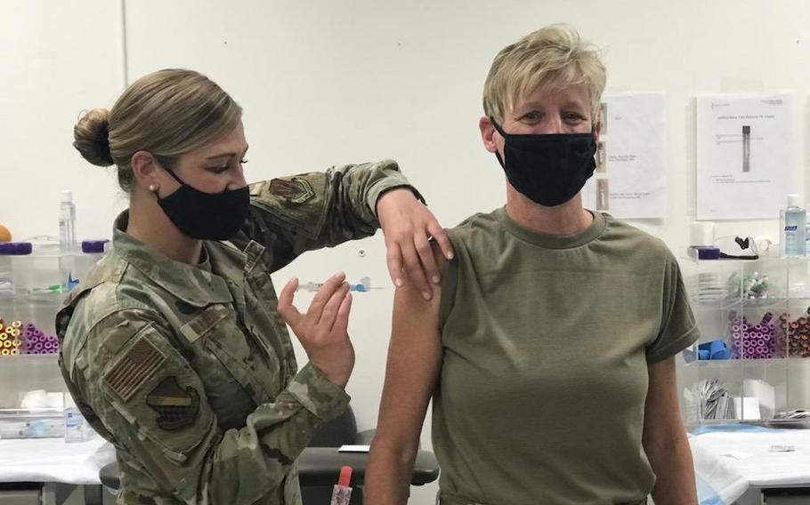 Army Brig. Gen. Laura Clellan, Adjutant General of Colorado, receives her first COVID-19 vaccine at Buckley Garrison in Aurora, Colo., on Jan. 14, 2021. According to a report on Thursday, Dec. 23, the Colorado National Guard will not disclose how many of its troops have complied with an order to be vaccinated against COVID-19.