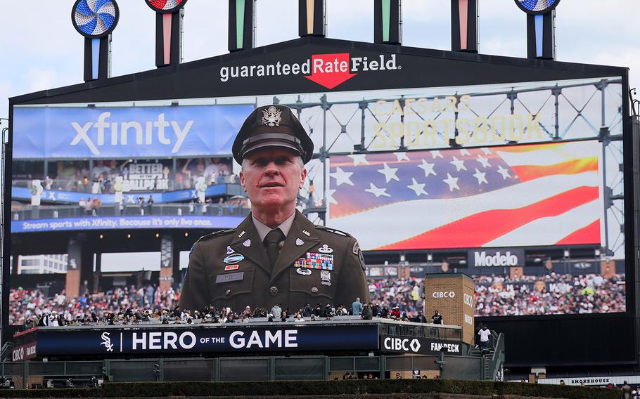 Country music star and Army Reserve Warrant Officer Craig Morgan is cheered by baseball fans as the “Hero of the Game” during the Chicago White Sox home opener versus the Detroit Tigers at Guaranteed Rate Field in Chicago on Thursday, March 28, 2024.