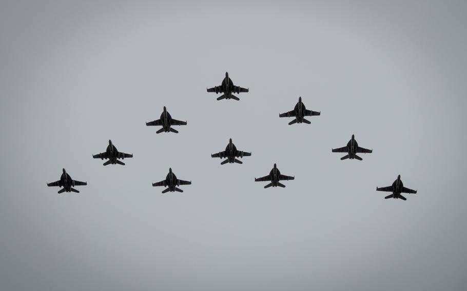 F/A-18 Super Hornets attached to Strike Fighter Squadron (VFA) 37, “Ragin Bulls,” fly in formation during their homecoming flight. VFA-37 returned to Naval Air Station Oceana on Monday, Jan. 15, 2024, following a scheduled deployment with Carrier Strike Group (CSG) 12, Gerald R. Ford Carrier Strike Group, to the U.S. Naval Forces Europe-U.S. Naval Forces Africa areas of operations.