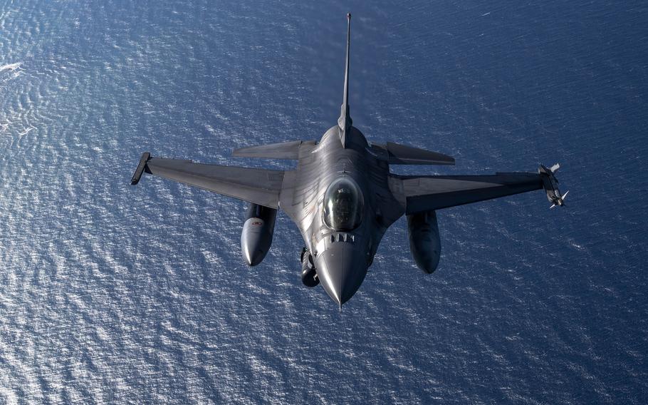 A Portuguese air force F-16 Fighting Falcon flies over the coast of Greece on Oct. 4, 2024. Portuguese F-16s deployed to Amari Air Base in Estonia for NATO’s air policing mission in the Baltics were scrambled May 13, 2025, after a Russian Su-35 fighter violated Estonian airspace, the country's defense ministry said.