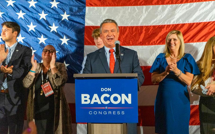 Rep. Don Bacon, a moderate Republican from Nebraska on the House Armed Services Committee, speaks to supporters in November 2022.