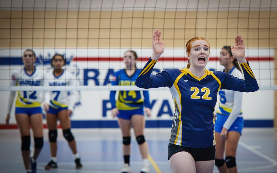 Ansbach’s Tierney Bogard yells feedback to her teammates during the 2022 DODEA-Europe Volleyball Tournament Championship game against the Sigonella Jaguars Oct. 29, 2022, at Ramstein Air Base, Germany. Ansbach’s Cougars bested Sigonella 25-23, 25-19, 25-21.