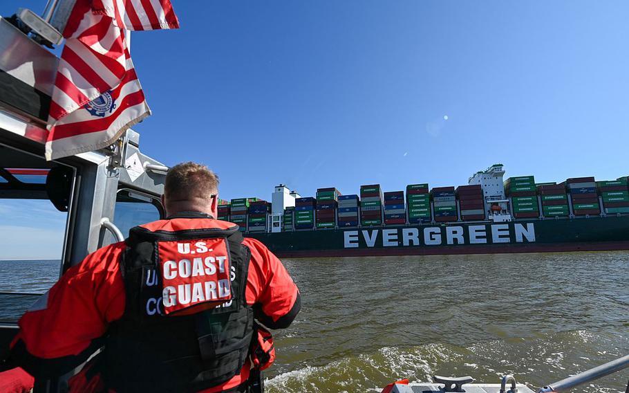 The Coast Guard continues to respond Tuesday to the grounding of the 1,095-foot container ship Ever Forward, which grounded Sunday night in the Chesapeake Bay near Craighill Channel.