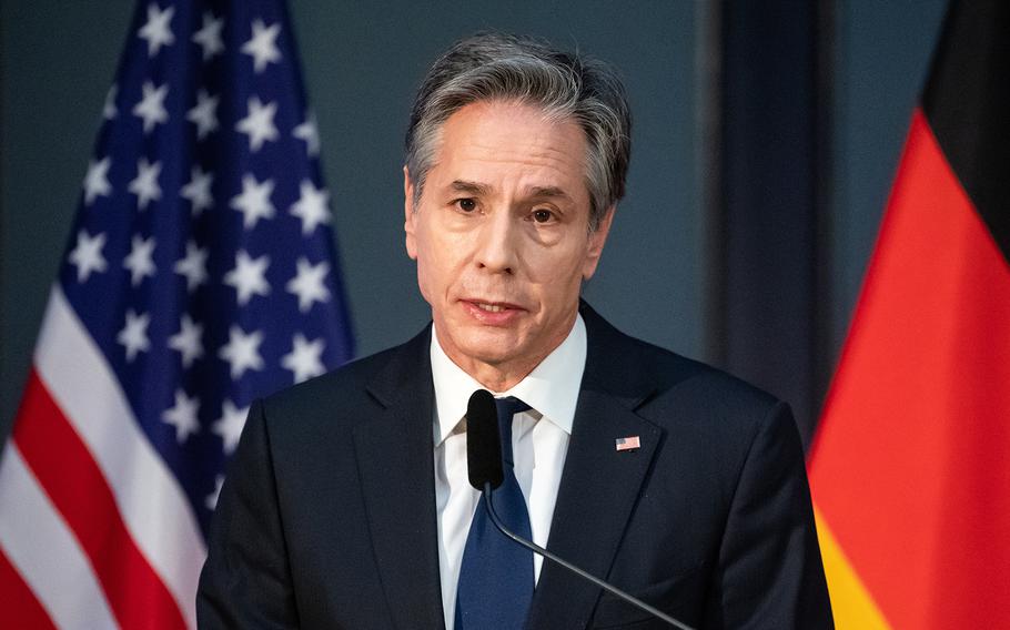 Secretary of State Antony Blinken speaks at a joint event organized by the German Marshall Fund, the American Council on Germany, the Atlantic Bridge and the Aspen Institute at the Berlin-Brandenburg Academy of Sciences on Jan. 20, 2022, in Berlin. 