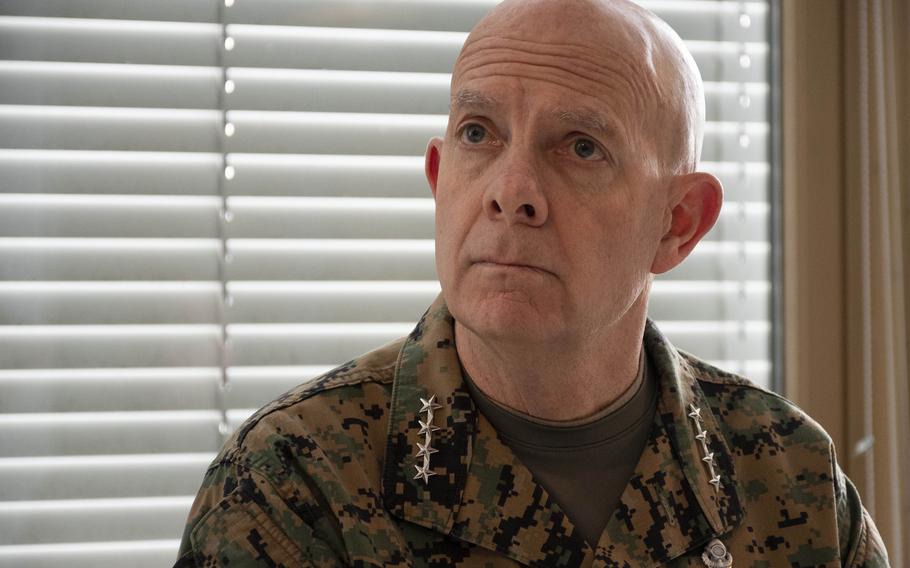 Marine Corps Commandant Gen. David H. Berger speaks with reporters in Bardufoss, Norway, on March 23, 2022.