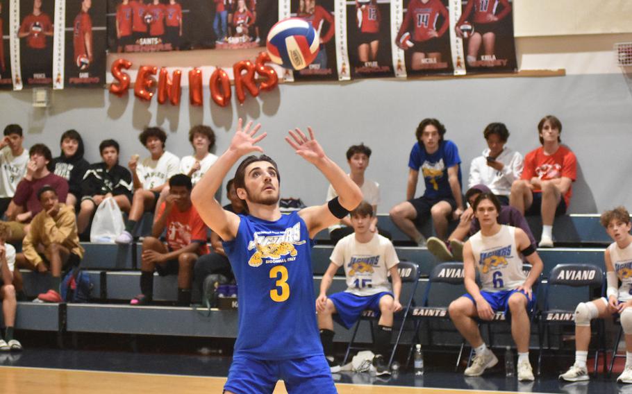 Sigonella's Teven McCarthy sets the ball Friday, Oct. 28, 2022, in the Jaguars' semiifinal loss to American Overseas School of Rome.

Kent Harris/Stars and Stripes