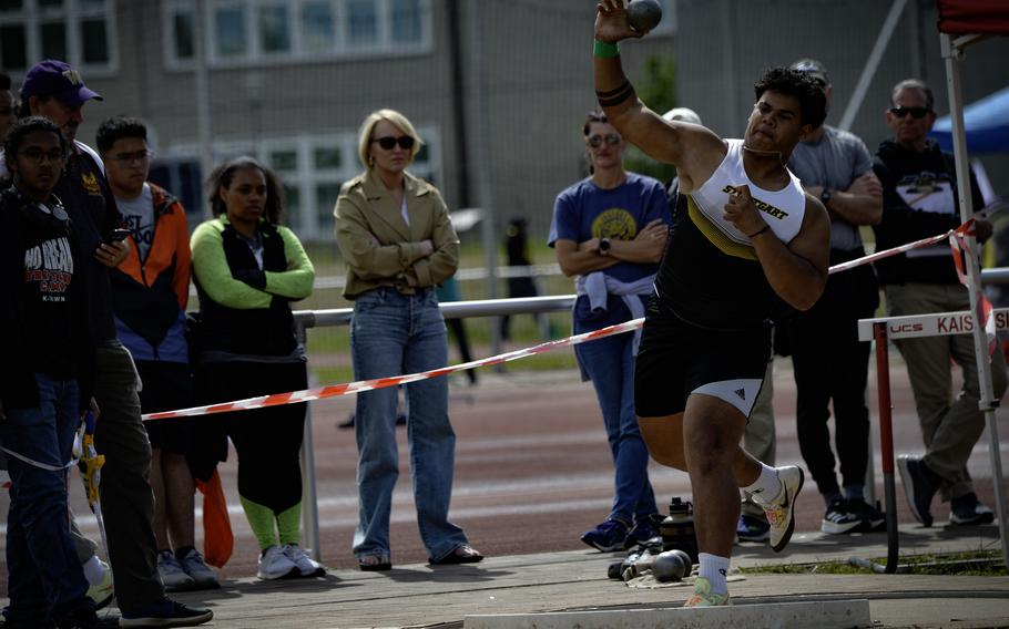 Stuttgart’s Johann Maldonado-Santiago throws the shot put at the 2024 DODEA European Championships at Kaiserslautern High School in Kaiserslautern, Germany, on May 24, 2024, achieving a personal record of 12.22 meters.