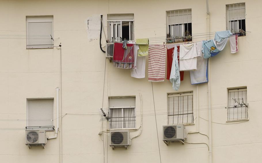 Air conditioning units on residential building during a heat wave in Seville, Spain on June 15, 2022.