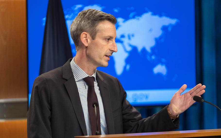 State Department spokesman Ned Price speaks with reporters in Washington, D.C., Feb. 25, 2022. 