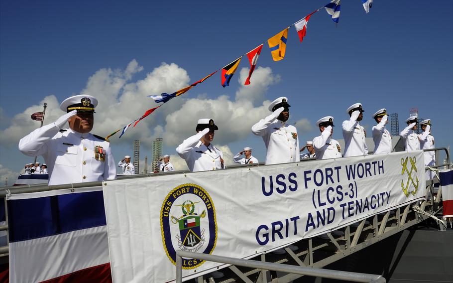 The crew of the USS Fort Worth during its commissioning in Galveston, Texas, on Sept. 22, 2012.