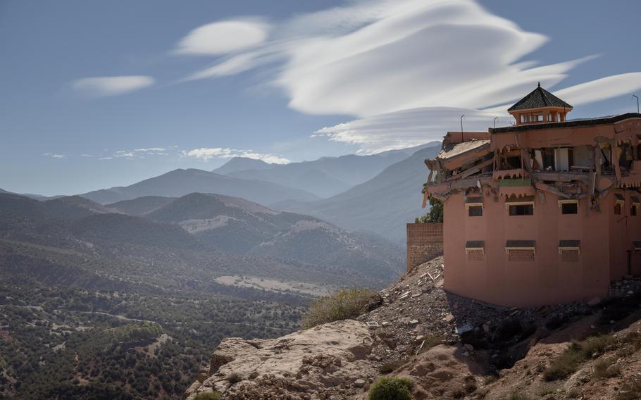 A badly destroyed cafe on the edge of a cliff in Moulay Brahim, Morocco on Sept. 11, 2023.