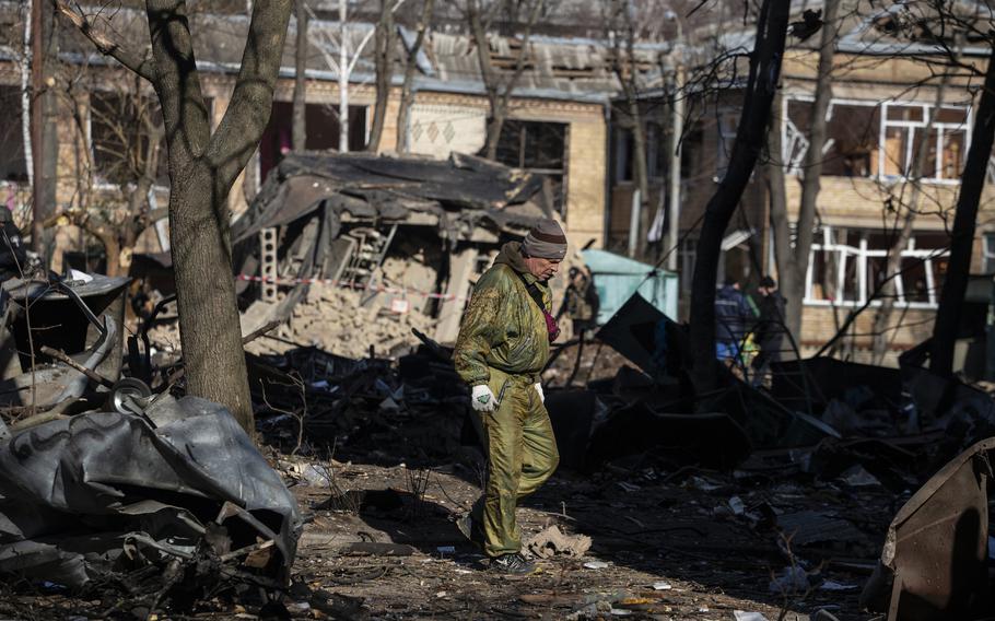 The site of a bombing that damaged residential buildings in Kyiv, Ukraine. 