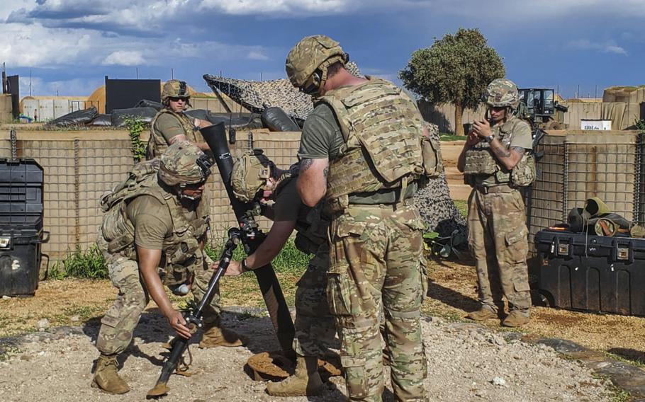 Soldiers with the New Jersey Army National Guard set up an 81 mm mortar in support of a patrol at Baledogle Military Airfield, Somalia, June 24, 2019. The base was attacked by al-Shabab militants Sept. 30, 2019, with three vehicle-borne explosives and an assault by the militants. All militants were killed and no American and Somali soldiers were seriously injured, the Army said.