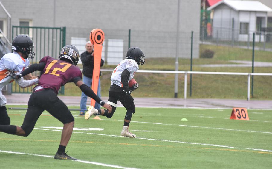 Spangdahlem's Adam Jalomo ran right through the Baumholder defense on the game's first play from scrimmage for a 50-yard touchdown in the DODEA-Europe Division III title game on Saturday, Oct. 30, 2021, at Kaiserslautern, Germany.