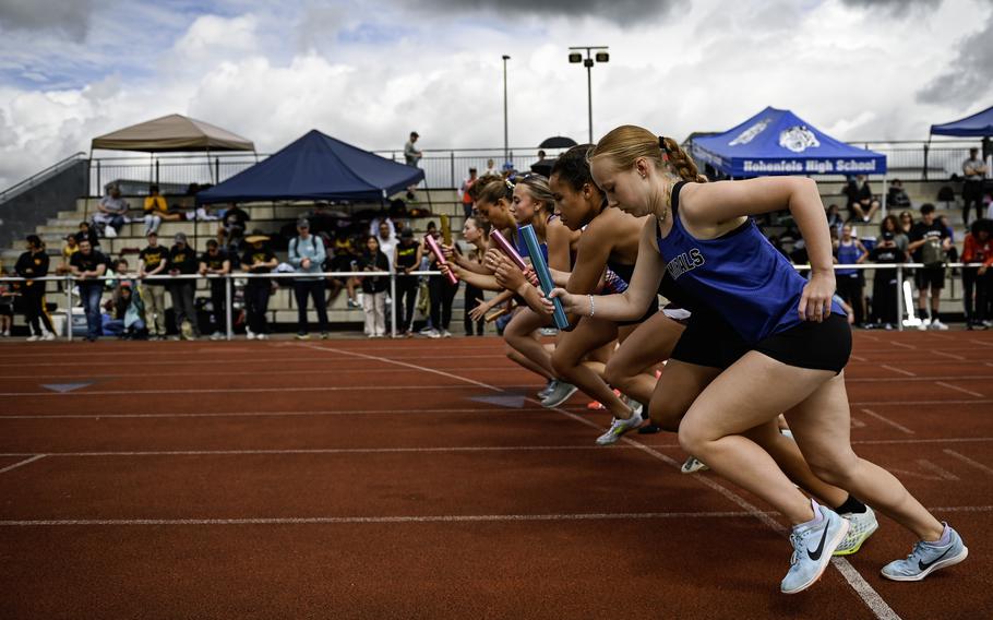 The starting field of the girls 4x800 meter relay begins their race at the 2024 DODEA European Championships at Kaiserslautern High School in Kaiserslautern, Germany, on May 24, 2024. Ramstein’s team, consisting of Iliana Echard, Caroline Swinson, Mara Sylvander, and Idaly Lozano, won the race.