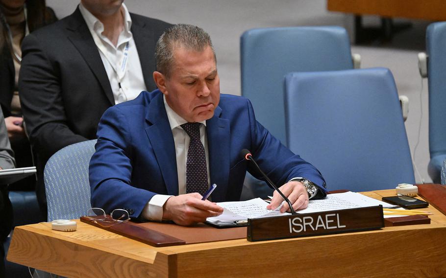 Israel’s Ambassador to the UN Gilad Erdan speaks during a United Nations Security Council meeting on the situation in the Middle East, including the Palestinian question, at UN headquarters in New York on March 25, 2024. 