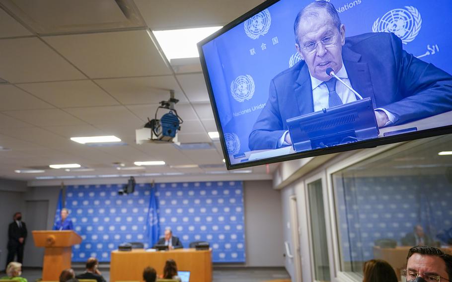 Russian Foreign Minister Sergey Lavrov is seen on a video screen as he speaks to reporters during a news conference during 76th session of the United Nations General Assembly, Saturday, Sept. 25, 2021 at United Nations headquarters. 