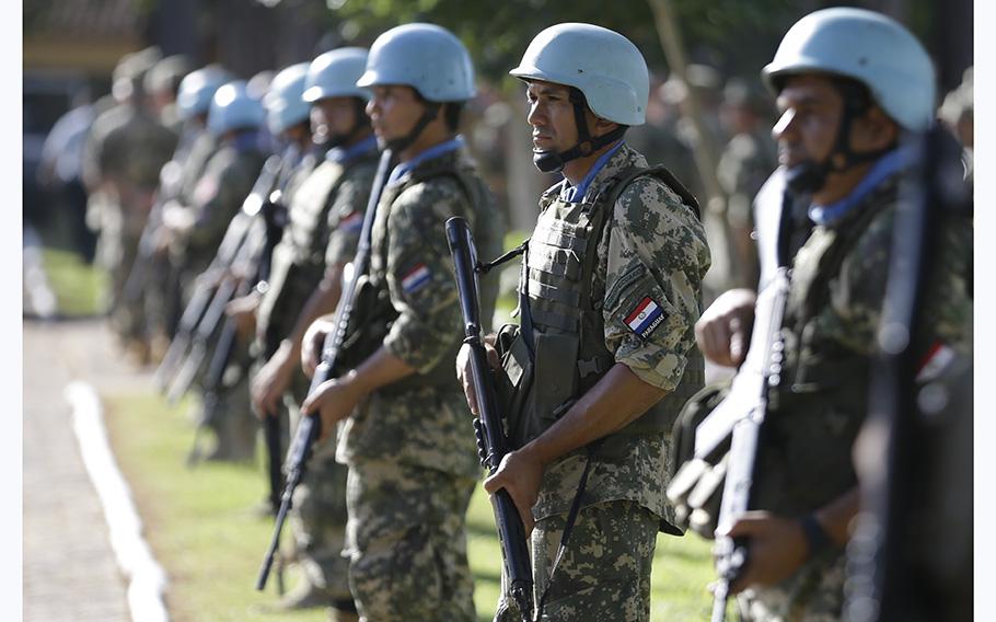 Soldiers line up at the United Nations Peace Operations Training Center in Asuncion, Paraguay, on Feb. 26, 2015. The organization is marking the 75th anniversary of U.N. peacekeeping and observing the International Day of United Nations Peacekeepers on Thursday, May 25, 2023.