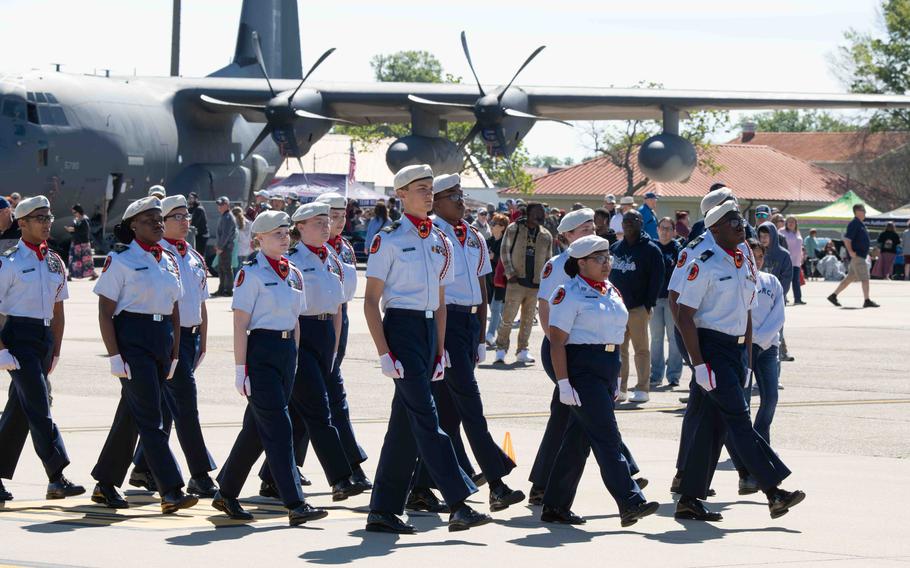 Members of the Prattville (Ala.) High School Air Force Junior Reserve Officer Training Corps perform drills during the 2024 Beyond the Horizon Air and Space Show at Maxwell Air Force Base, Ala., Saturday, April 6, 2024. 