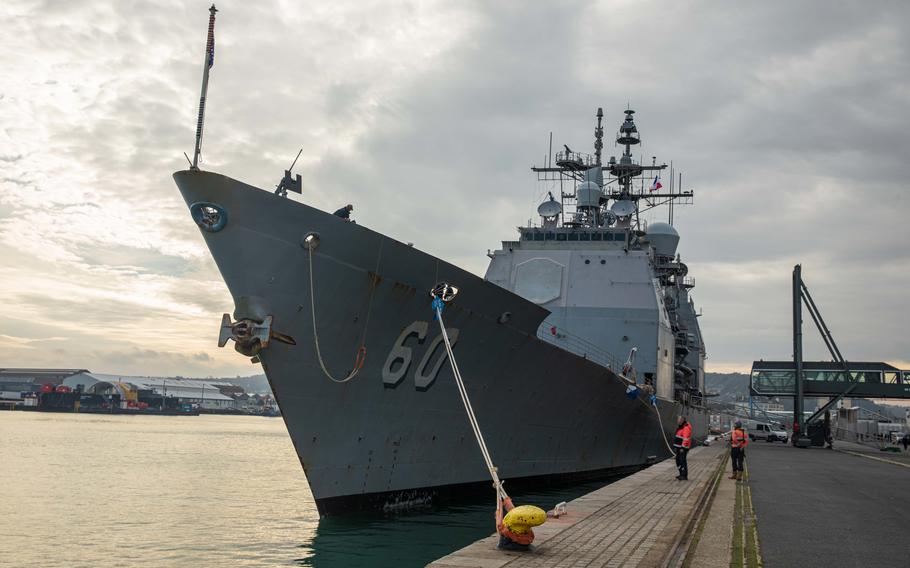 USS Normandy, a Ticonderoga-class, guided-missile cruiser, arrives at Cherbourg, France, in November 2022.
