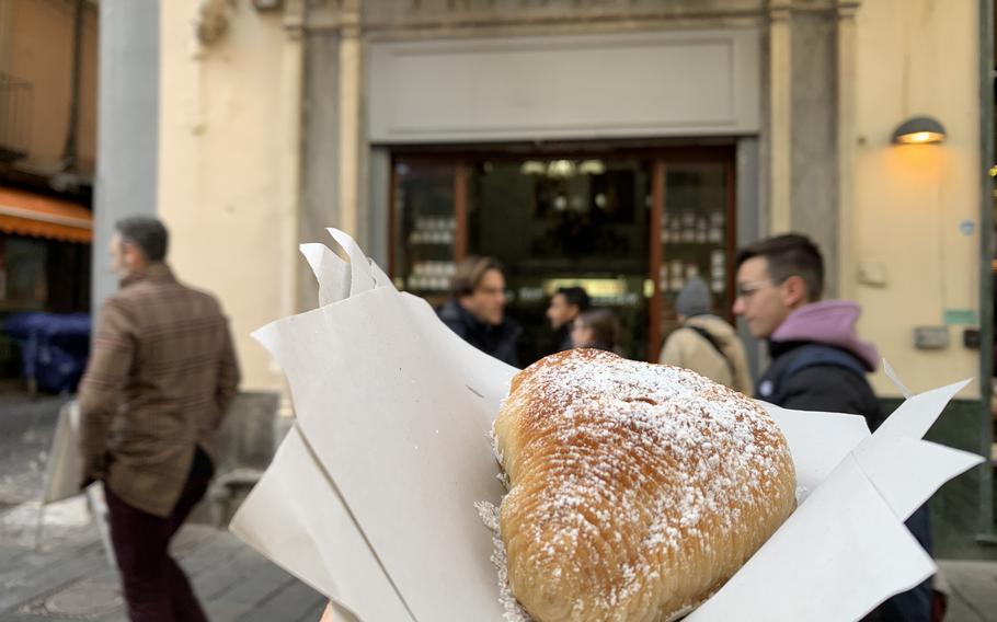 Pintauro on Via Toledo in Naples is the birthplace of modern-day sfogliatelle or sfogliatella, singularly. The shops sells two versions, frolla, which has a bun-like appearance and riccia, pictured here. 