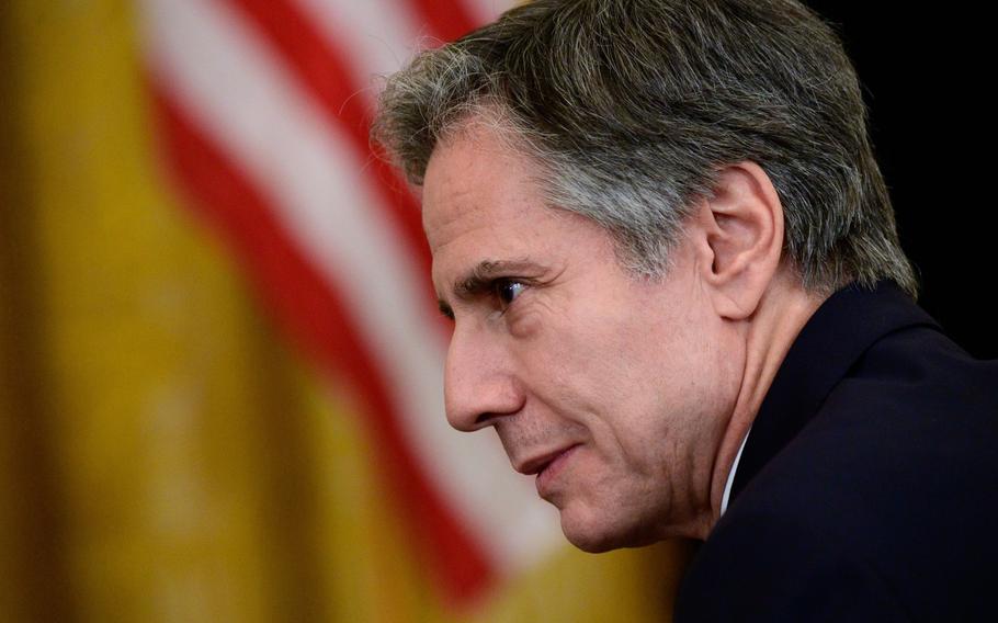 Antony Blinken, U.S. secretary of state, arrives to a news conference in the East Room of the White House in Washington on May 21, 2021. Qatar has agreed formally to represent U.S. interests in Afghanistan under an agreement to be signed Friday that will allow the Biden administration more directly to engage with the interim Taliban government, Blinken announced Nov. 12, 2021.