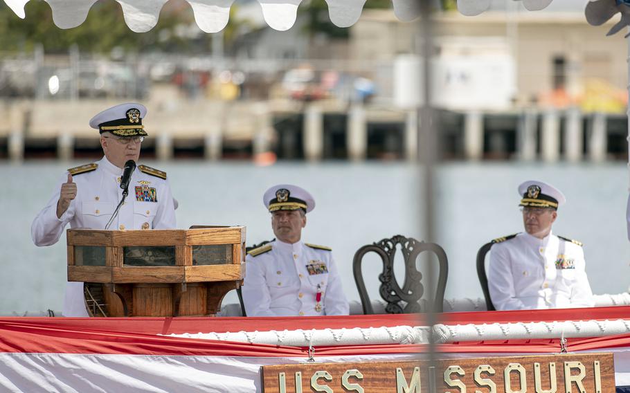Rear Adm. Rick Seif, new commander U.S. Pacific Fleet's submarine force, speaks during his change-of-command ceremony aboard the USS Missouri at Joint Base Pearl Harbor-Hickam, Hawaii, June 15, 2023.
