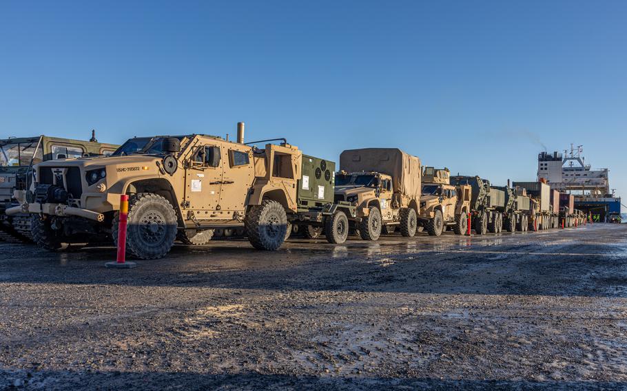 U.S. Marine Corps Joint Light Tactical Vehicles are offloaded March 2, 2024, in Talvik, Norway, ahead of Nordic Response. The NATO exercise began Sunday and involves 20,000 troops fanned out across Norway, Sweden and Finland.