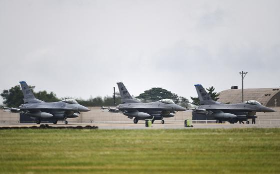 U.S. Air Force F-16 Fighting Falconsof the 35th Fighter Squadron wait for an inspection at Kunsan Air Base, South Korea, Sept. 21, 2021. 