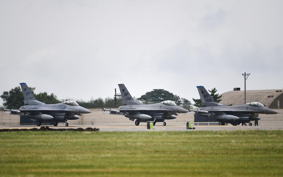 U.S. Air Force F-16 Fighting Falcons of the 35th Fighter Squadron wait for an inspection at Kunsan Air Base, South Korea, Sept. 21, 2021. 