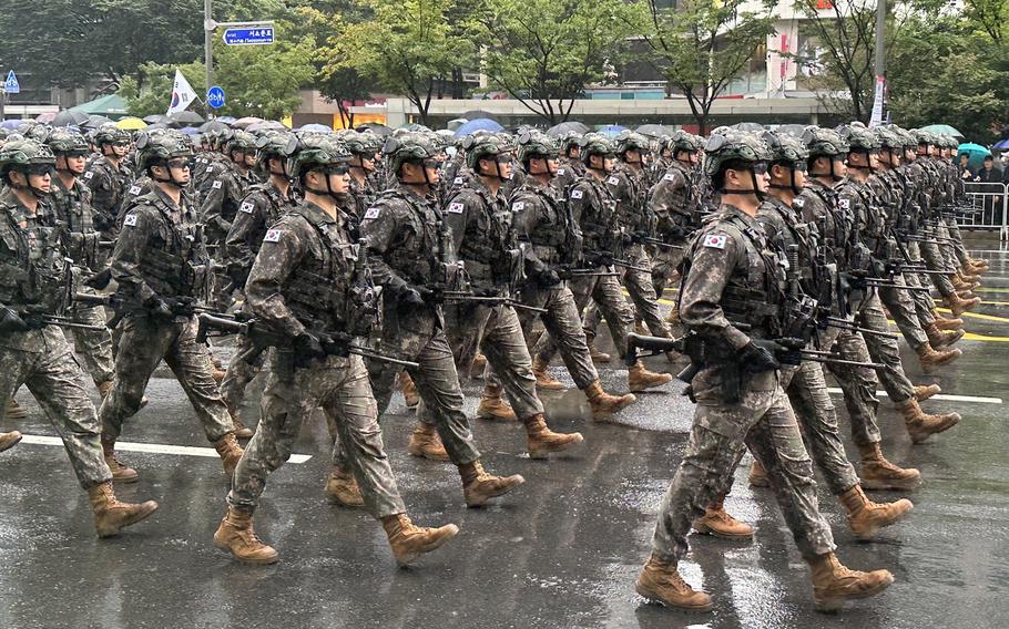 South Korean soldiers march in the 75th Armed Forces Day parade in Seoul, South Korea, Sept. 26, 2023.