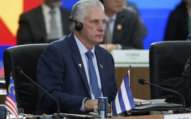Cuba's President Miguel Diaz-Canel attends the 17th annual BRICS summit in Rio de Janeiro, Sunday, July 6, 2025. (AP Photo/Eraldo Peres)