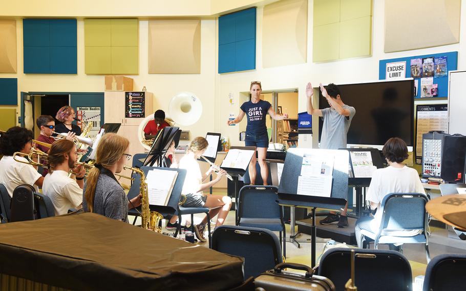 The Panther Marching Band practice at Yokota High School at Yokota Air Base, Japan, Aug. 13, 2022.  