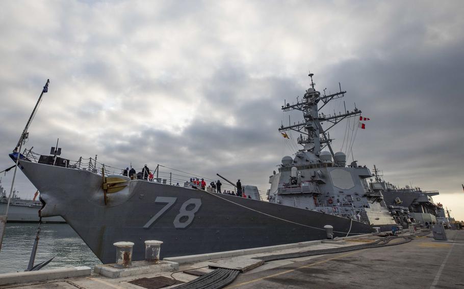 The destroyer USS Porter arrives at Naval Station Rota, Spain, Feb. 28, 2022. For several years, U.S. European Command leaders have sought more destroyers in Europe to help track Russian submarines, among other missions.