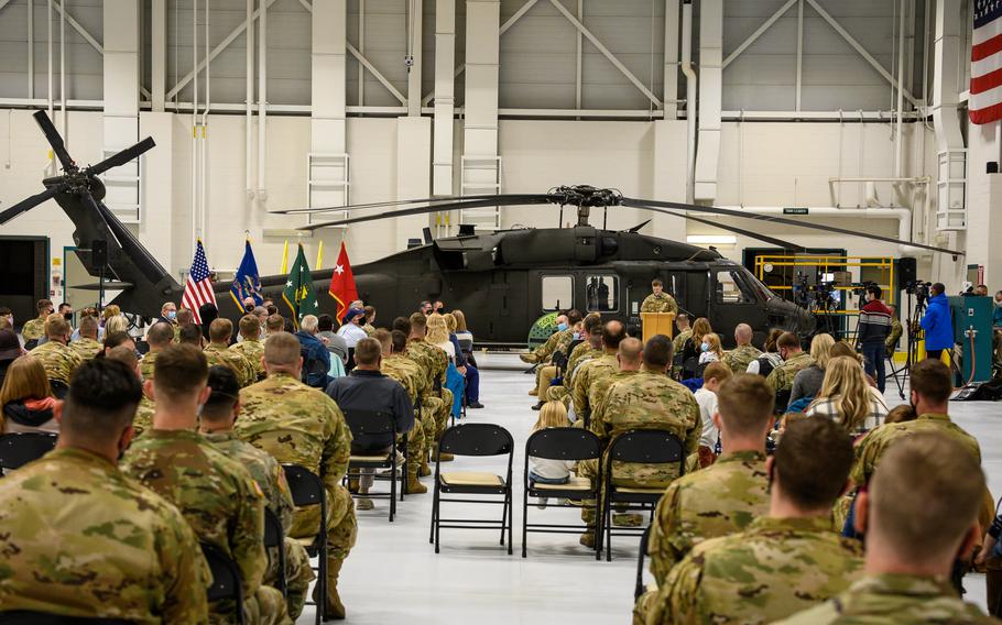 Members of Company C of the North Dakota National Guard’s 2-285th Aviation Regiment who recently returned home from a nine-month deployment to the National Capital Region were welcomed home during a ceremony at the Guard’s Army Aviation Support Facility in Bismarck.