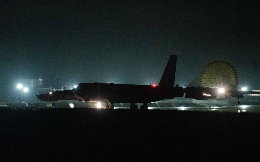 A B-52 assigned to the 2nd Bomb Wing at Barksdale Air Force Base, La., arrives at Andersen Air Force Base, Guam, March 30, 2023.