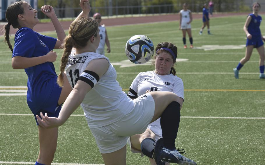 Lakenheath's Emily Blanke attempts to clear the ball during a game against Wiesbaden on April 6, 2024 in Wiesbaden, Germany.