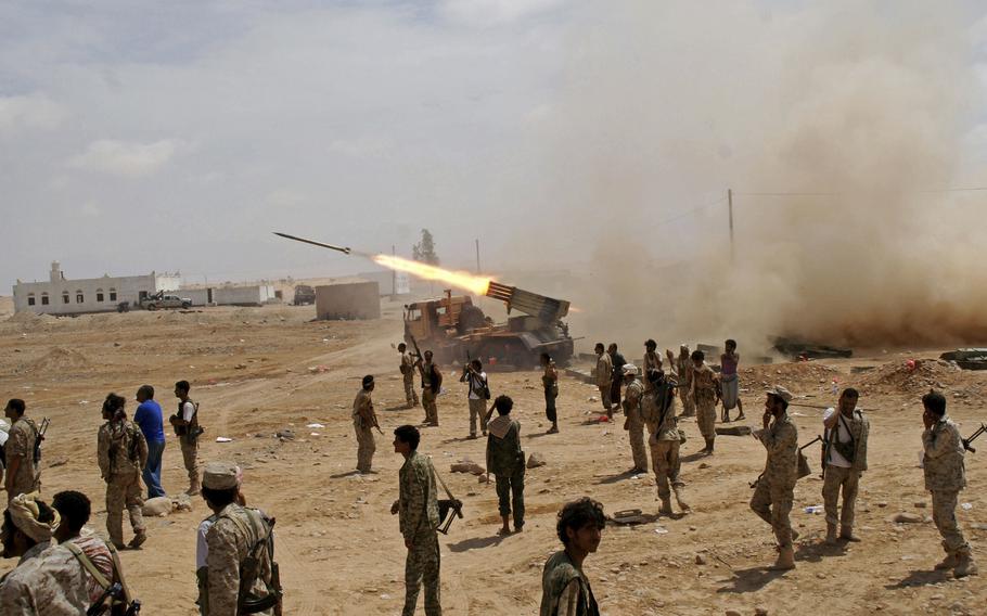 Yemeni government forces fire rockets toward militants in the southern province of Shabwa, Yemen in May 2014. An official with Yemen’s international recognized government said Wednesday, Jan. 5, 2022, that large swaths of territory in Yemen’s Shabwa province have been reclaimed from Houthi rebels.