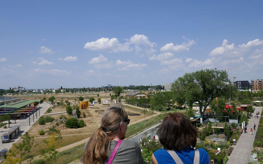 From a tower on the show’s grounds, visitors look out over the expansive grounds of the Bundesgartenschau, or BUGA, in Mannheim, Germany. The site was once the U.S. Army’s Spinelli Barracks.