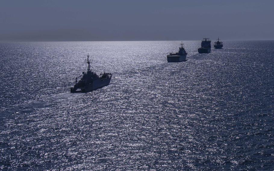 Italian navy ship ITS San Marco, Polish navy ship ORP Torun, the British navy's HMS Albion and USS Mount Whitney sail the Baltic Sea during exercise Baltic Operations in 2023. This year's BALTOPS, the first for Sweden since its NATO accession, will take place June 7-20.