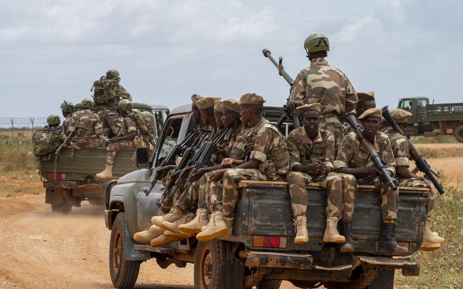 Somali soldiers trained by U.S. special operations forces prepare for a field tactics demonstration at Baledogle, Somalia, Aug. 3, 2023. The number of people killed by Islamic militants in Somalia increased 22% in 2023, reaching a record high of 7,643. 