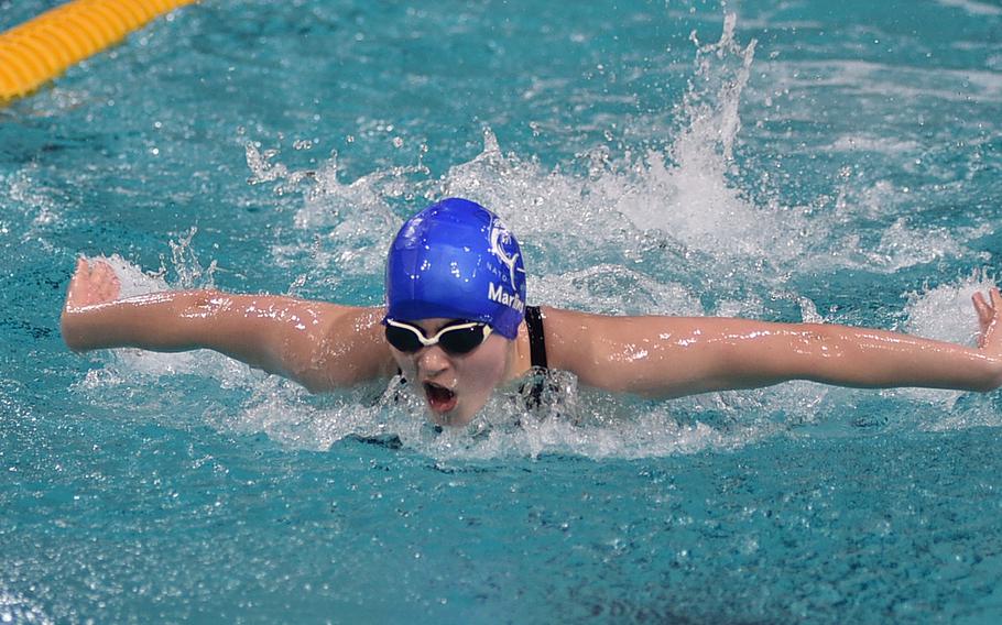 NATO Marlin Sophie Mercier swims in the 13-year-old girls 100-meter butterfly during the European Forces Swim League Short-Distance Championships on Feb. 10, 2024,  at the Pieter van den Hoogenband Zwemstadion at the Nationaal Zwemcentrum de Tongelreep in Eindhoven, Netherlands.