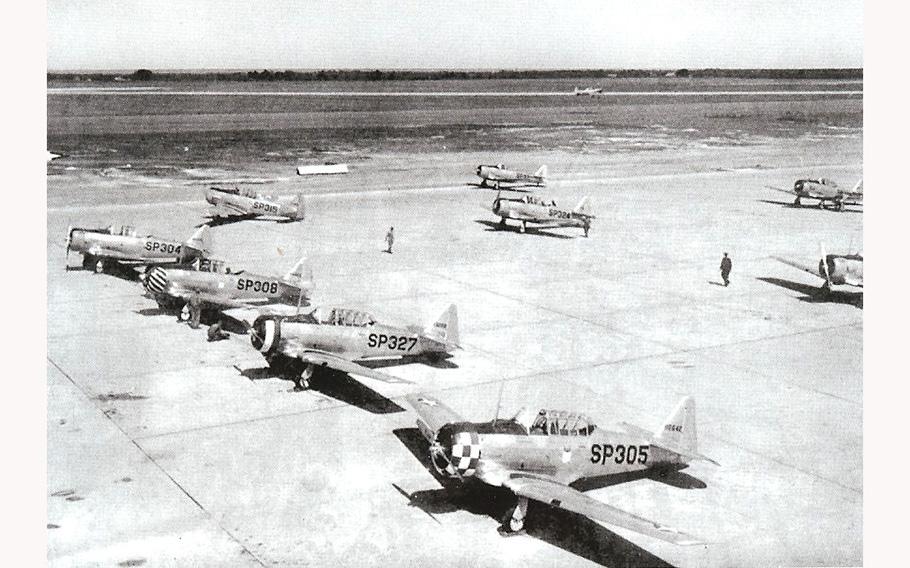 North American AT-6 Texan advanced single engine trainers at Spence Army Airfield, Georgia, about 1943.