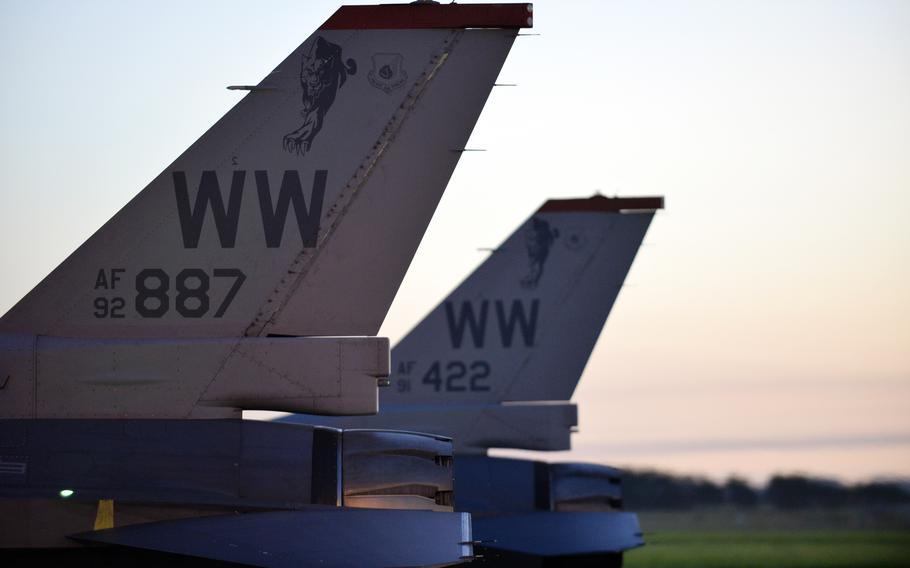 Wild Weasel F-16 Fighting Falcons sit side-by-side at Royal New Zealand Air Force Base Ohakea, New Zealand, Feb. 24, 2017. 