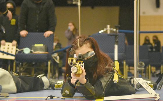 Stuttgart's Leila Ybarra takes aim at a target during the DODEA-Europe marksmanship championships Saturday, Feb. 5, 2022, at Wiesbaden High School.