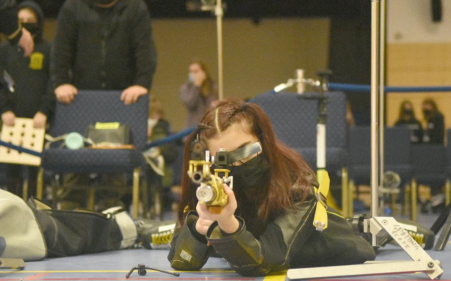 Stuttgart’s LeiLa Ybarra takes aim at a target during the DODEA-Europe marksmanship championships Saturday, Feb. 5, 2022, at Wiesbaden High School. Ybarra finished second this year.