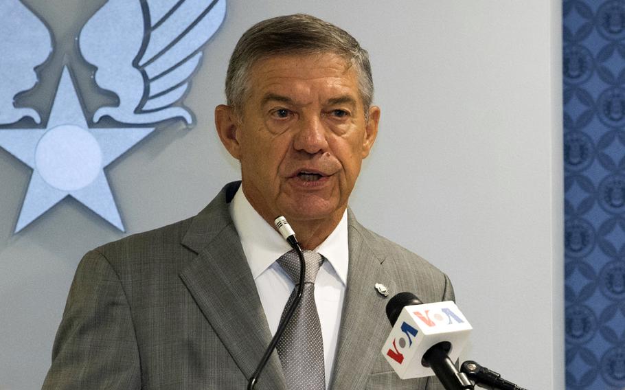 Retired Air Force Lt. Gen. Dan "Fig" Leaf speaks at the Pentagon on May 8, 2019, during a ceremony commemorating the 20th anniversary of Operation Allied Force.