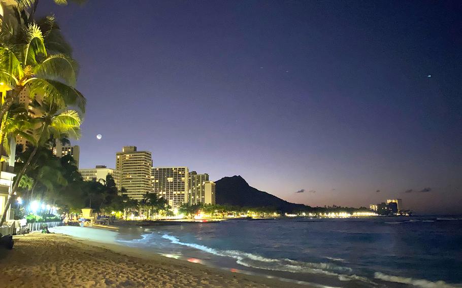 The beach at Waikiki at sunrise provides dramatic views of Diamond Head. Oahu, while well-known for its beaches, is an island of forested mountains, waterfalls and tropical rainforests. 